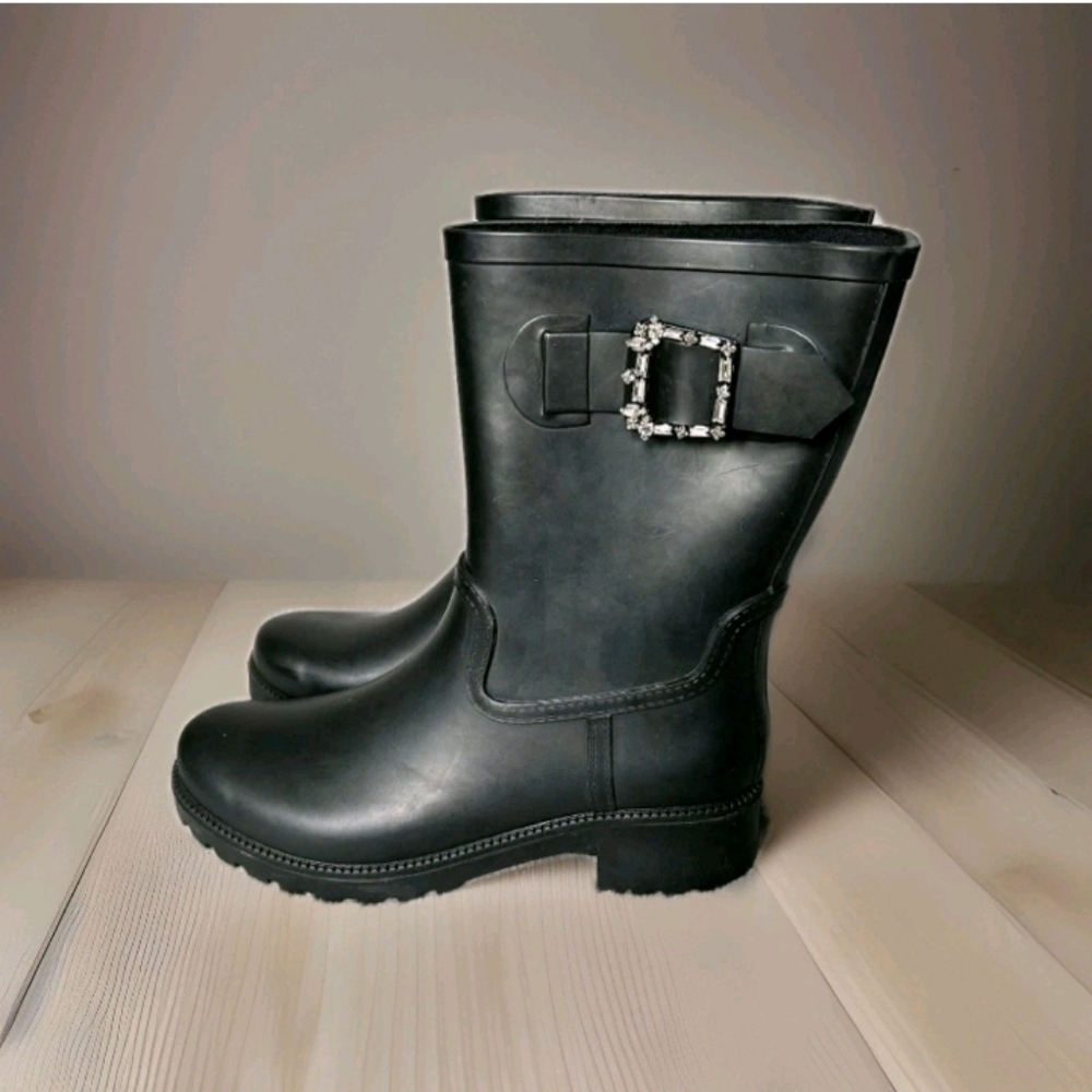 Time And Tru Rain Boots Womens Size 7 Black Slip On Rubber Shoes Embellished NEW